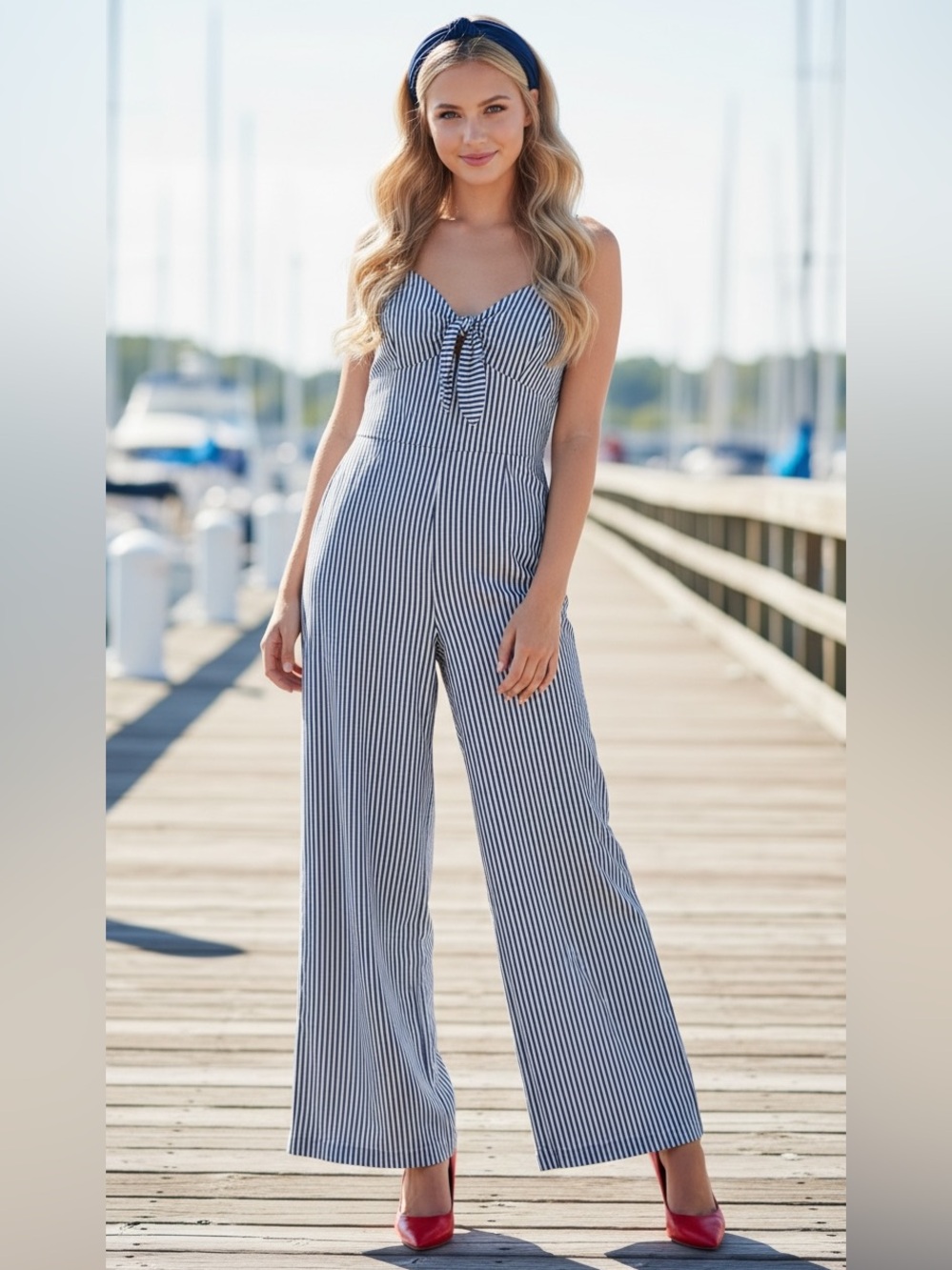 Elegant WAYF Massa Tie Knot Jumpsuit Blue & White Striped Sz S